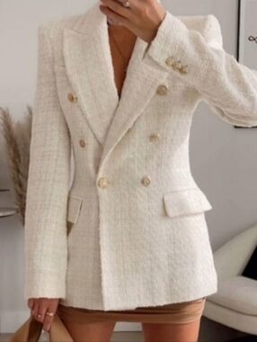 Zara Tweed‎ Textured Double Breasted Blazer Jacket  Size XL